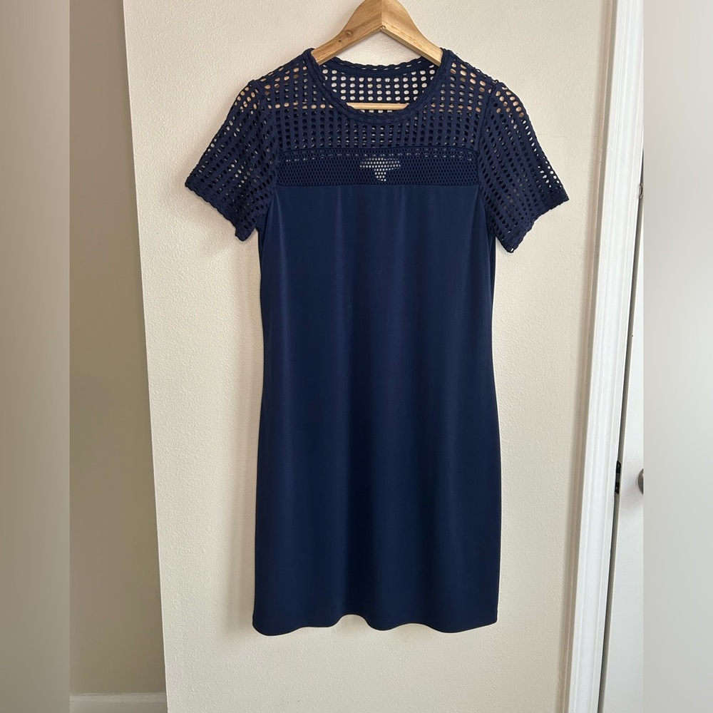 MICHAEL Michael Kors Short Sleeve Mesh Combo Navy Blue Shift Dress Size S Small
